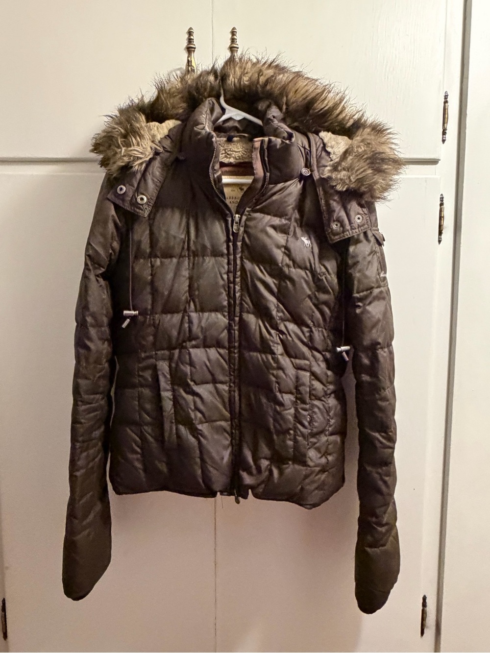 Abercrombie & Fitch Vintage Womens Brown Fur Hooded Down Puffer Jacket Y2K - Picture 8 of 15